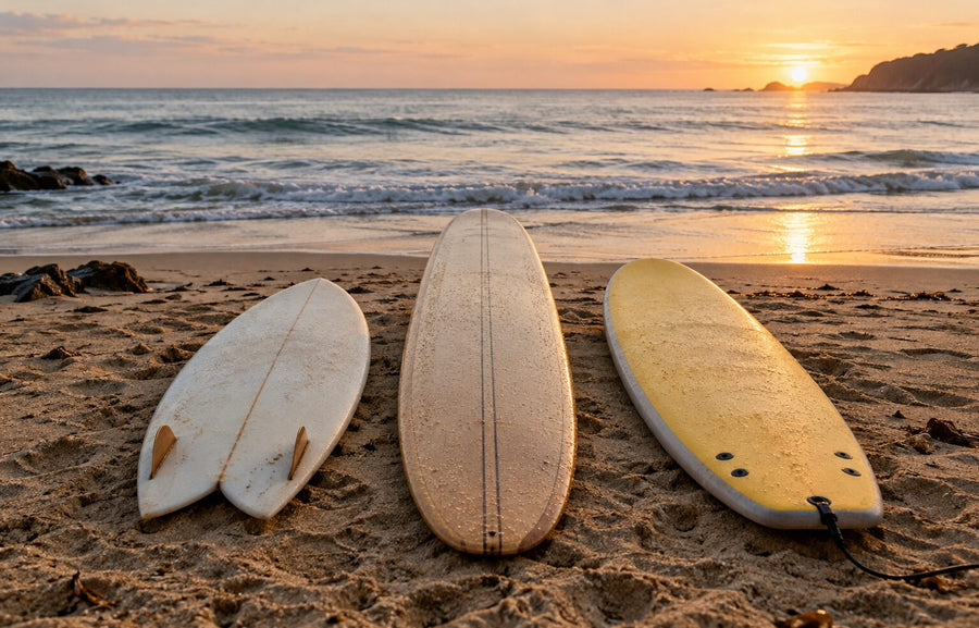 Confronto tra tavola fish, longboard e softboard sulla spiaggia