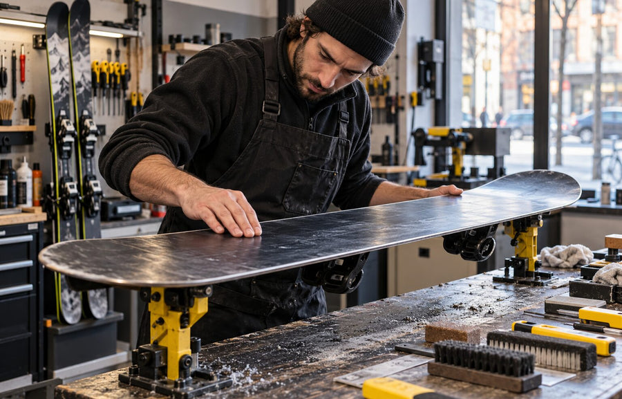 Controllo della soletta di uno snowboard nel laboratorio di manutenzione