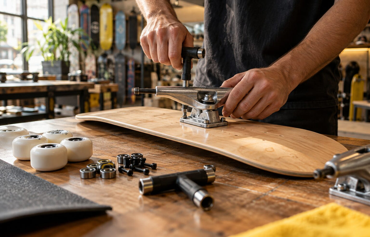 Montaggio dei truck su un deck da skateboard in laboratorio