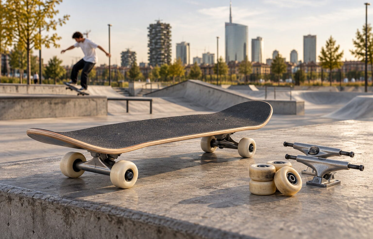 Skateboard completo con ruote e truck su una panchina di skatepark