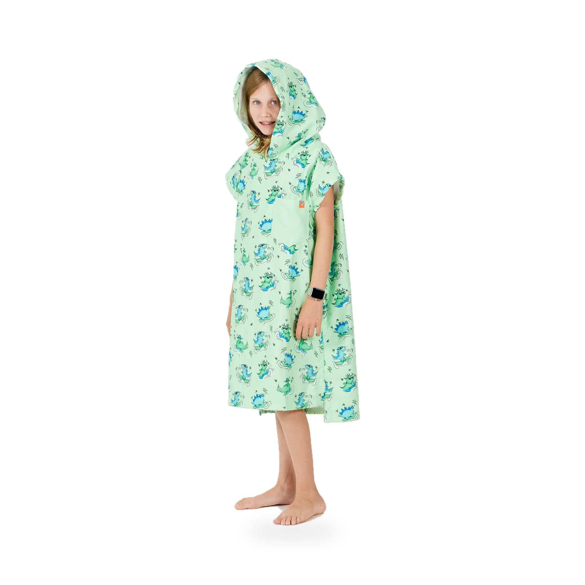 AFTER - Poncho Kid Dino Green – poncho scontornato su fondo bianco