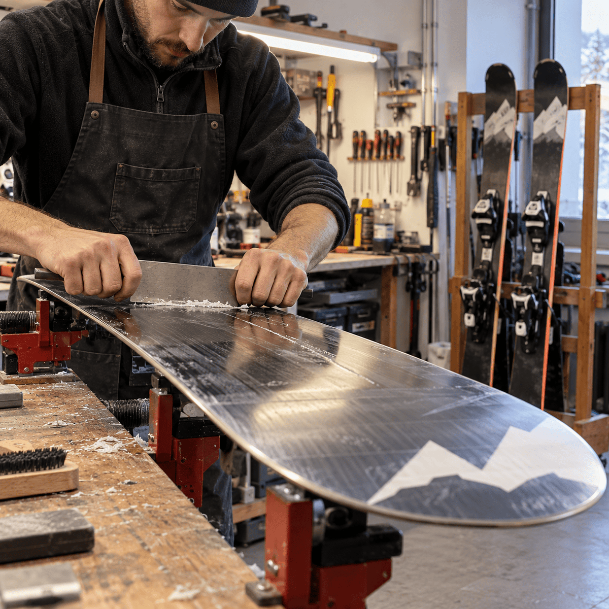 Tecnico al banco durante la manutenzione di uno snowboard; sci in laboratorio