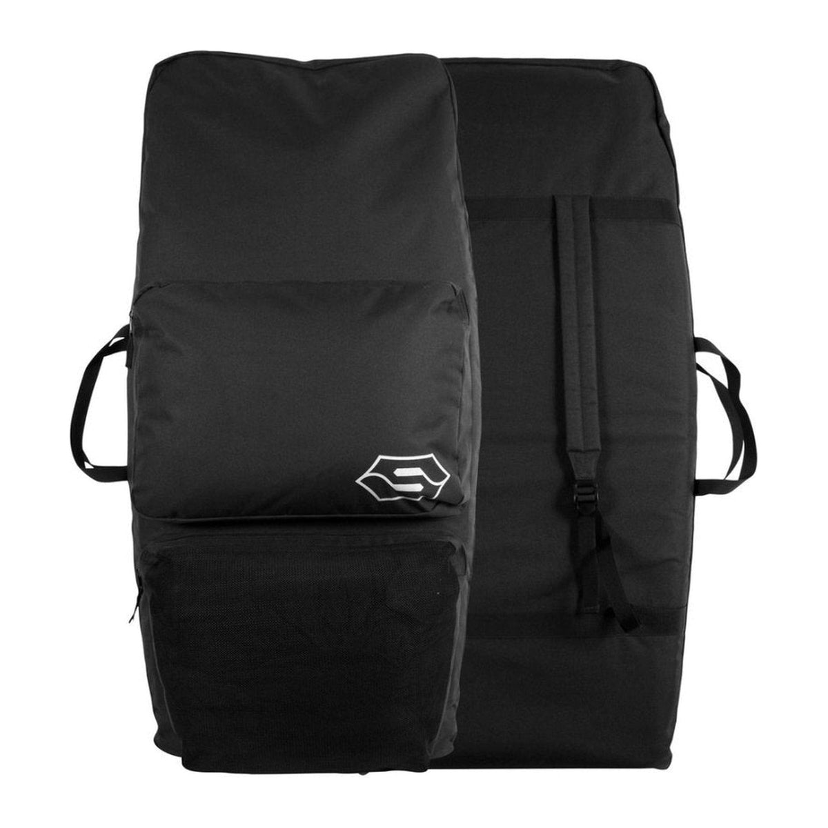 Sacca doppia Sniper 600D nera, vista fronte e retro con tre tasche esterne